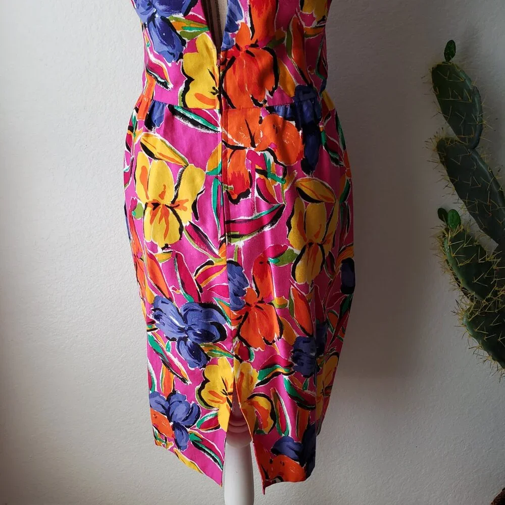 Vintage Tulip Dress Colorful Abstract Floral Print Halter Knee Length Belt sz 8 - Picture 15 of 16